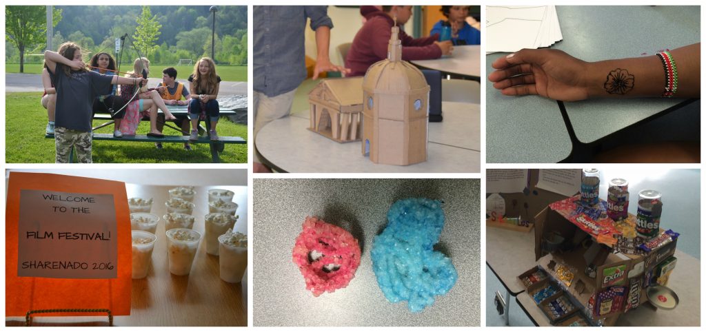 Collage of photos including archery, cardboard roman temple, henna tattoos, film festival, Borax crystals, Skittles dispenser