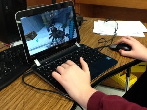 A group of students collaborated on building a Minecraft game about sustainability. In the game, you enter a world where electrical power is dying out, and you must shoot the monster stealing it.