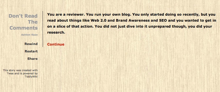 Ashton Raze's Twine game,"Don't Read the Comments", combining digital citizenship with Twin Peaks references.
