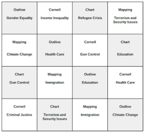 Shows 16 cells with a note-taking strategy and topic in each.