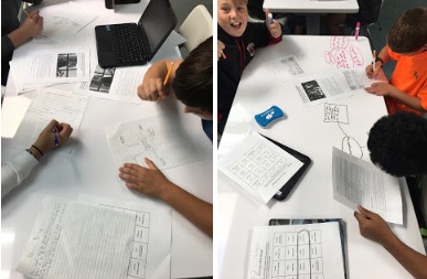 students sit around a table working on proficiency-based learning