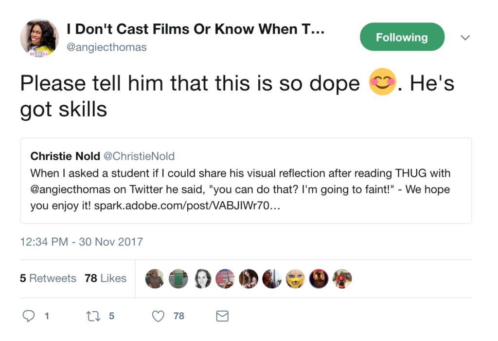 Screenshot of a tweet by Angie Thomas telling a student that "he's got skills."