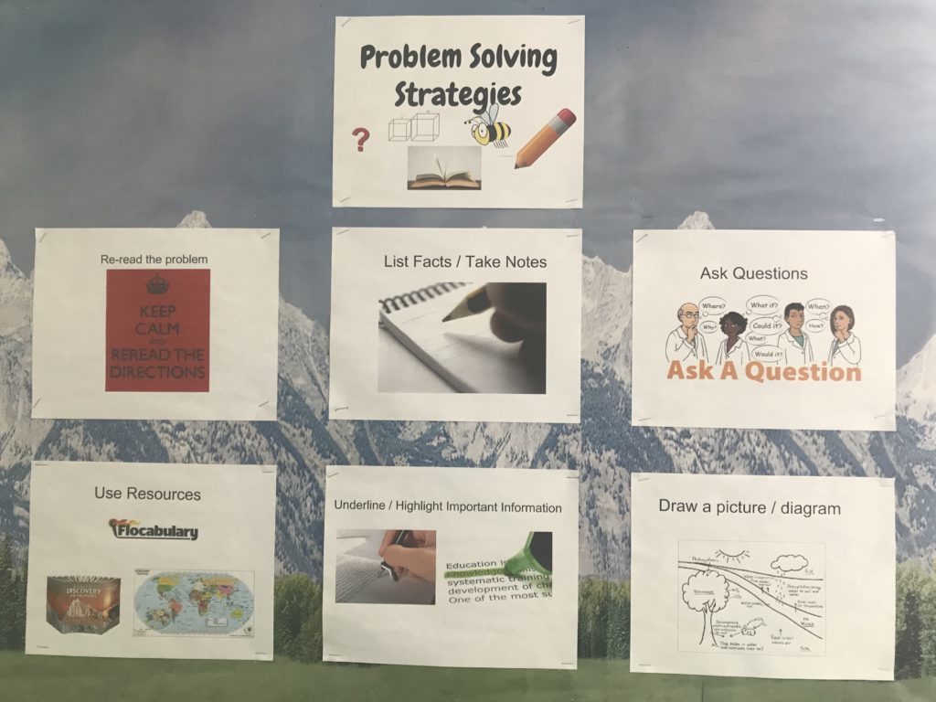 Teaming as a catalyst for change: A bulletin board with problem solving strategies such as list facts, ask questions, use resources, and draw a picture.