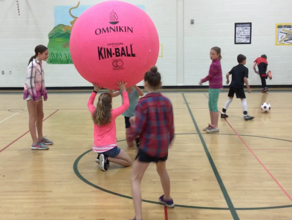 Girls playing with a giant Kin-ball.