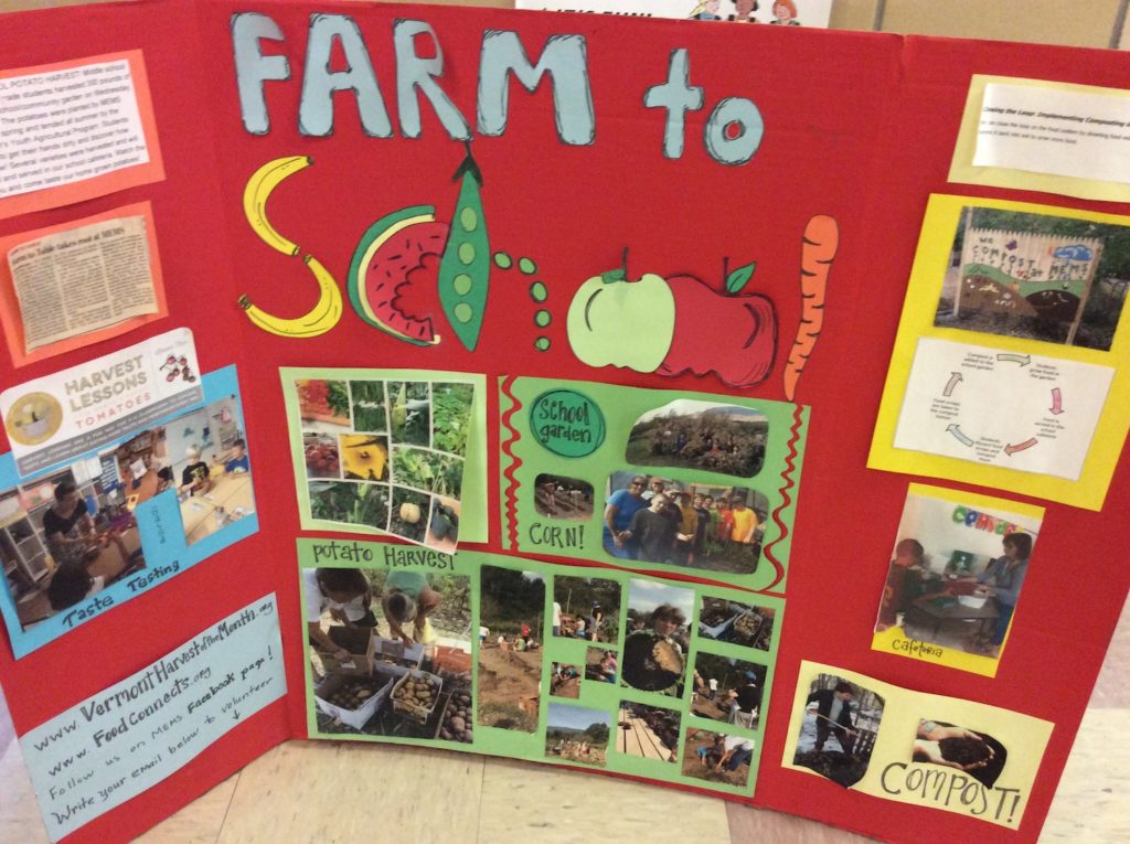 The Farm to School movement makes a huge difference to schools across the state of Vermont. This Farm to School display is in the main hallway of Manchester Elementary Middle School, in Manchester VT.