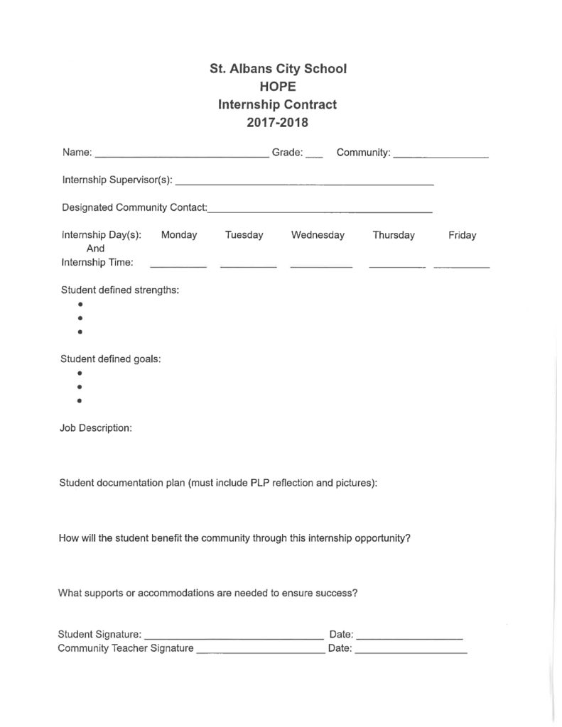 A sample contract for an internship at St. Albans City School. Click to enlarge.