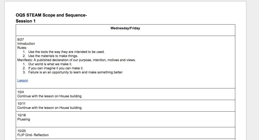 Ottauquechee STEAM Time scope and sequence