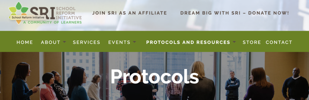 A snapshot from the School Reform Initiative's website with a link to Protocols.