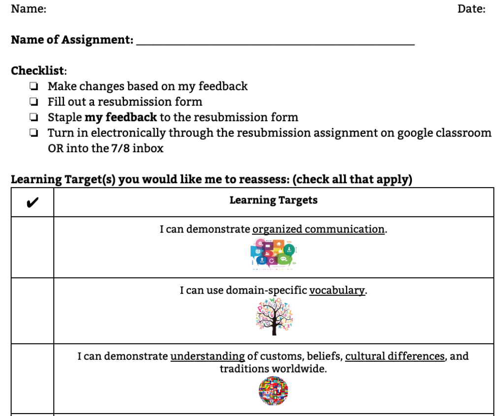 Screen shot of a form where students indicate what they want to be reassessed on.