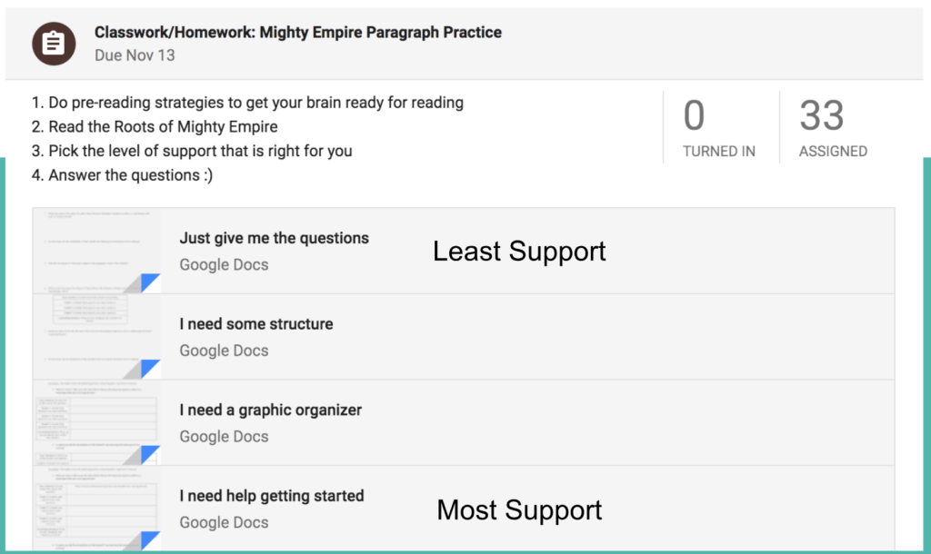 Screen shot of Google Classroom with assignments organized from least to most support.