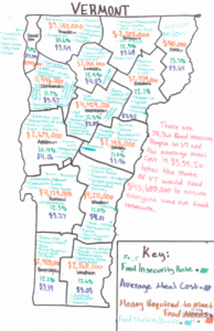 a map of food insecurity and meal costs in Vermont
