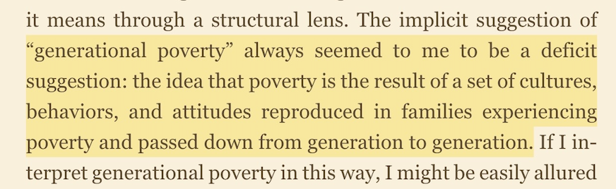 Reaching and Teaching Students in Poverty. Photo from the book with the quote: "...generational poverty always seemed to me to be a deficit suggestion: the idea that poverty is a result of a set of cultures, behaviors, and attitudes reproduced in families experiencing poverty and passed down from generation to generation."