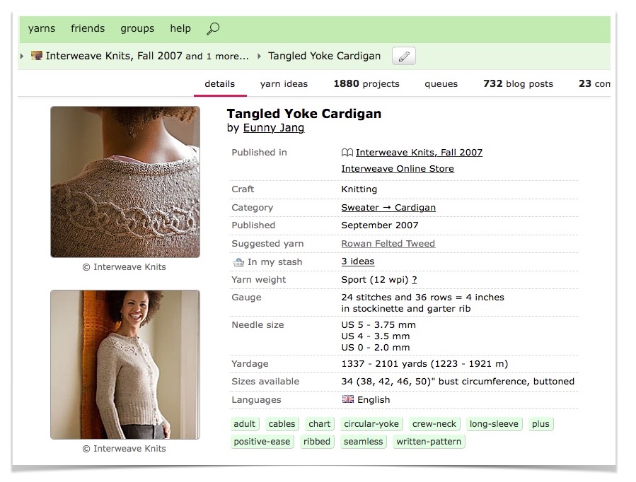 Eunny Jang's Tangled Yoke Cardigan pattern, as it appears on Ravelry. A perfect opportunity for knitting and algebra!