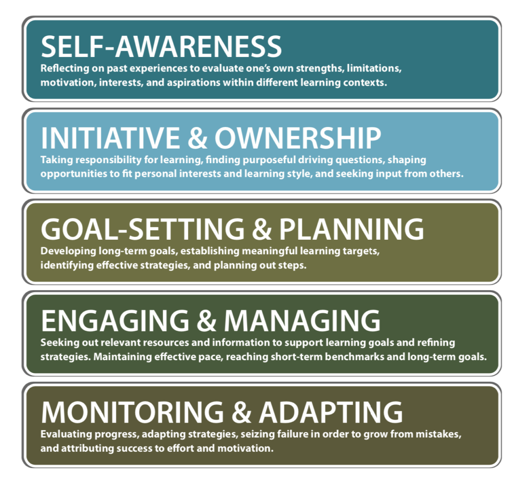 Five components of Self-Direction: Self-Awareness, Initiative and Ownership, Goal-Setting and Planning, Engagement and Managing, Monitoring and Adapting, and Self-Direction and Self-Directed Learning