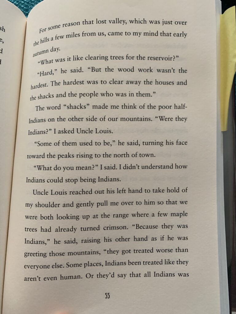 "'What was it like clearing trees for the reservoir?' 'Hard,' he said. 'But the wood work wasn't the hardest. The hardest was to clear away the houses and the shacks and the people who was in them.' The word 'shacks' made me think of the poor half-Indians on the other side of our mountains. 'Were they Indians?' I asked Uncle Louis. 'Some of them used to be,' he said, turning his face toward the peaks rising to the north of town. 'What do you mean?' I said. I didn't understand how Indians could stop being Indians. Uncle Louis reached out his left hand to take hold of my shoulder and gently pull me over to him so that we were both looking up at the range where a few maple trees had already turned crimson. 'Because they was Indians,' he said, raising his other hand as if he was greeting those mountains, 'they got treated worse than everyone else. Some places, Indians been treated like they aren't even human.'" --Joseph Bruchac, Hidden Roots, p 55