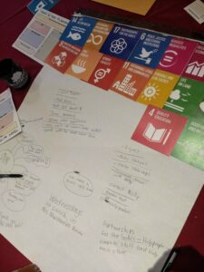 UN Sustainable Development Goals tiles atop a piece of paper with student writing