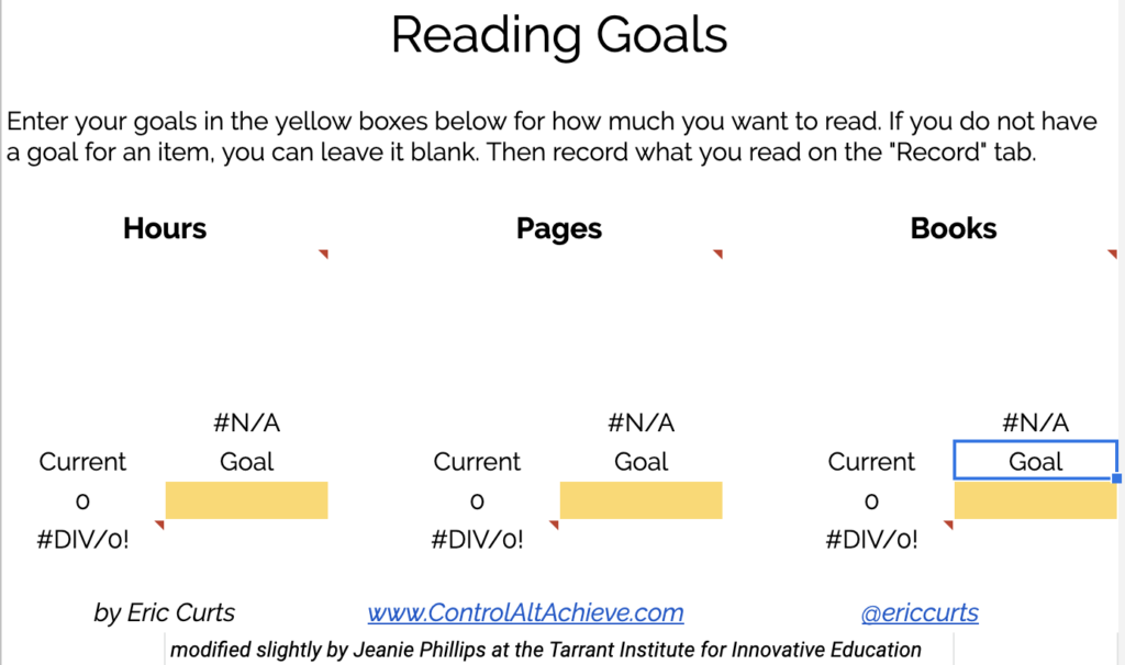 Reading Goals spreadsheet with spaces to fill in reading goal by hours, pages, and number of books.