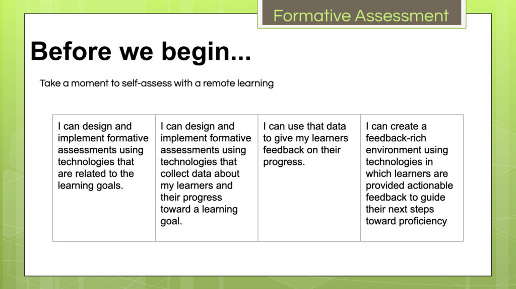 Formative Assessment learning targets