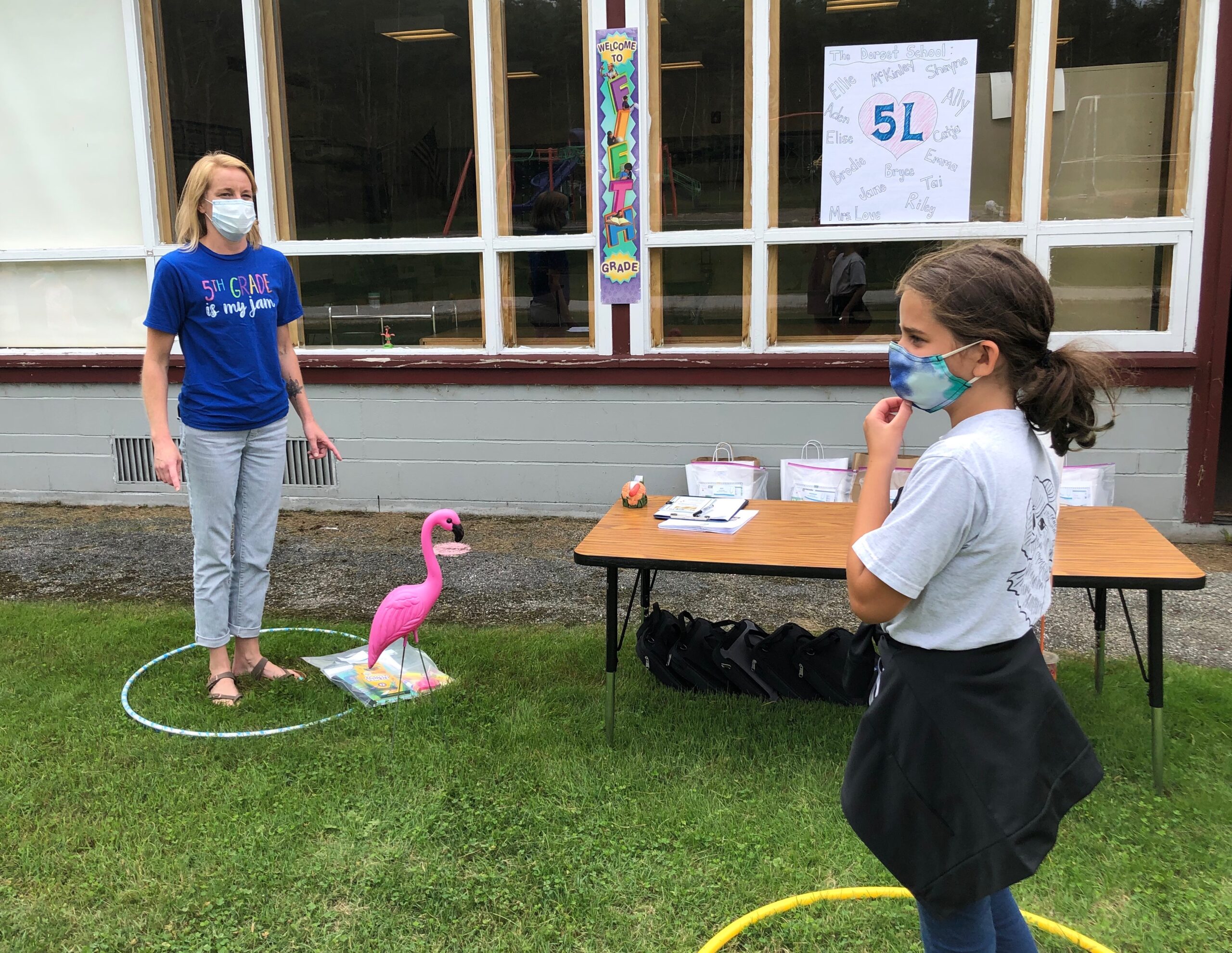 A Southern Vermont teacher and student connect social distance style.
