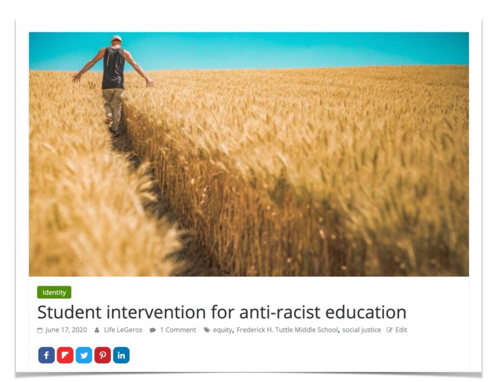 Screenshot of post "Student intervention for anti-racist education"