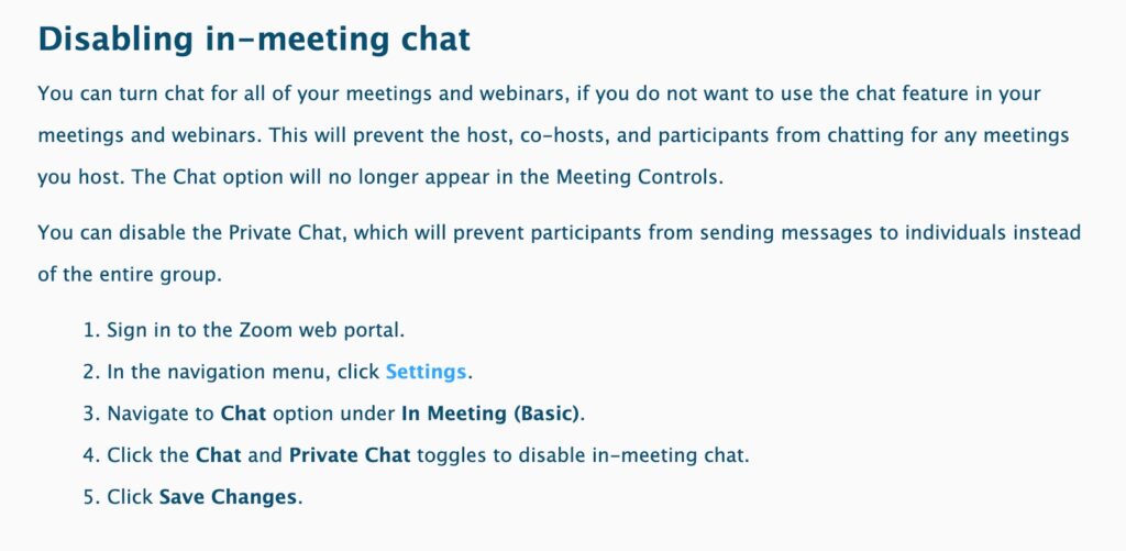 because internet: disabling chat in zoom