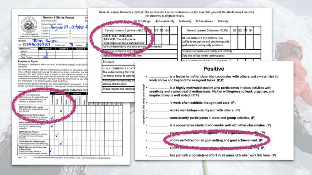 Self-direction as metrics of success on report cards: (l to r) State of Hawaii (general), State of Hawaii (kindergarten), and as part of a "Positive Dispositions" report card section.