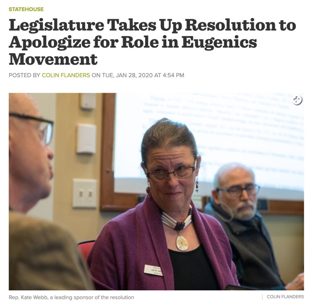 Kathleen Brinegar Seven Days VT article on current legislative activity around eugenics in Vermont