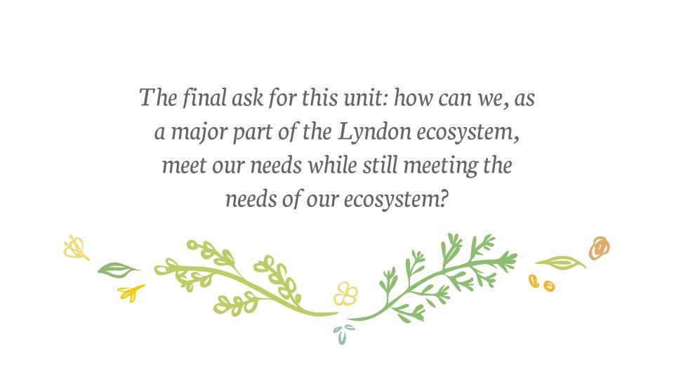 "The final ask for this unit: how can we, as a major part of the Lyndon ecosystem, meet our needs while still meeting the needs of our ecosystem?"