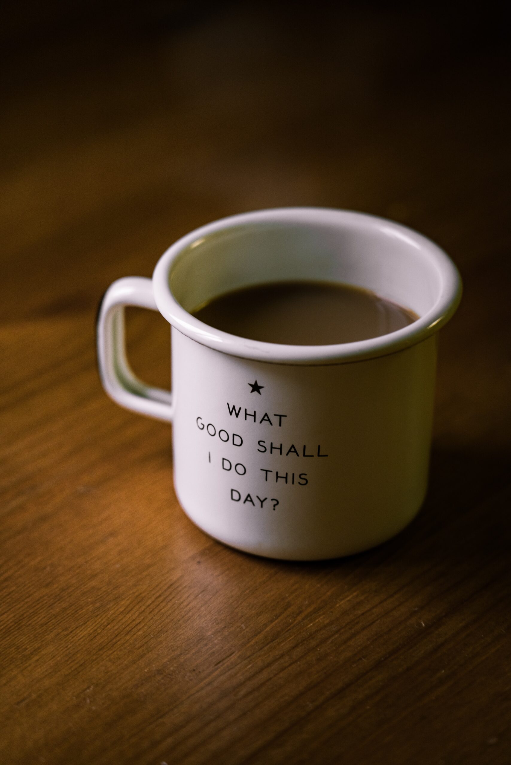 coffee mug reads 'what good shall I do this day?'