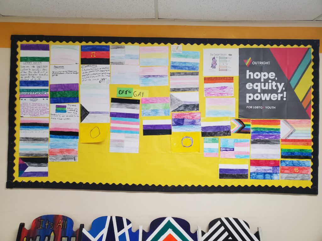 A bulletin board on equity at a school