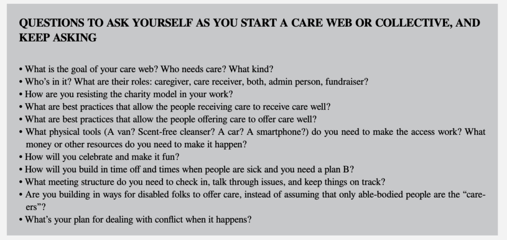 Questions to ask yourself as you start a care web or collective, and keep asking.