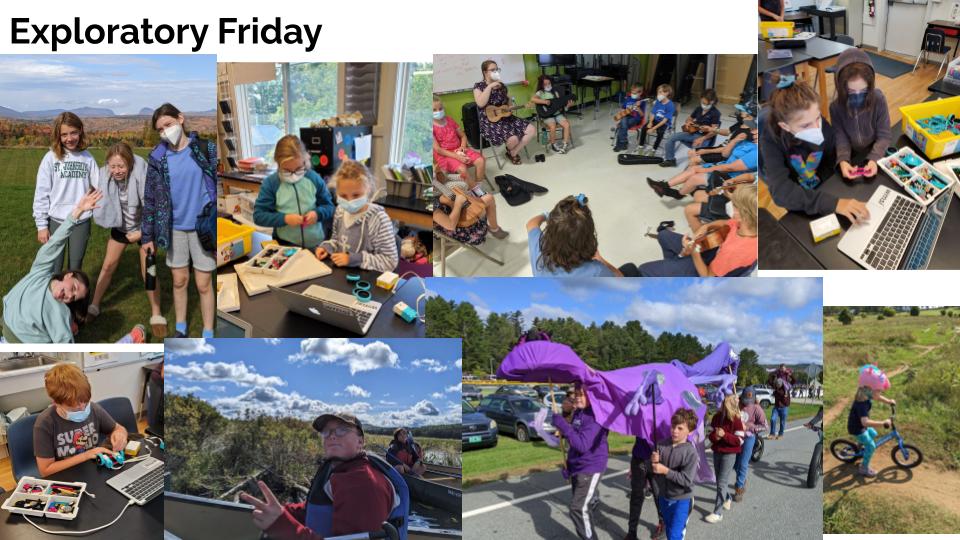 Titled "Exploratory Friday," shows images of students engaged in activities such as biking, canoeing, on computers, and in a circle in a classroom.