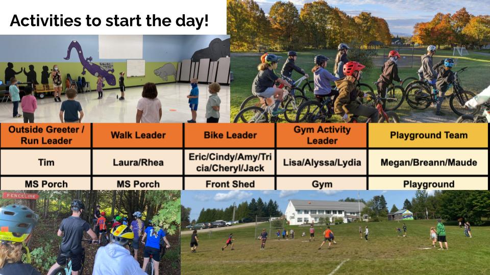 Images of students engaging in biking and games. A table shows a schedule with teacher names and activities and location.